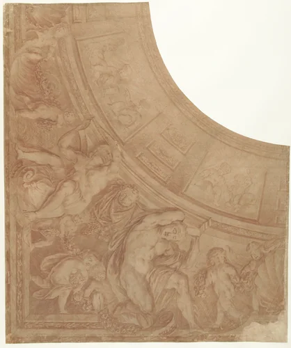Ontwerp voor een hoekstuk van een plafond met figuren, putti en buste van een man by Mattheus Terwesten, drawing, 1680-1757