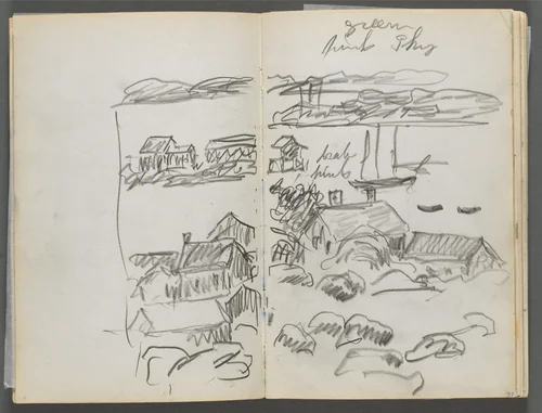 Sketchbook, The Dells, N° 127, page 036 & 37: View of a Cove from above by Maurice Prendergast, book, 1919-1921