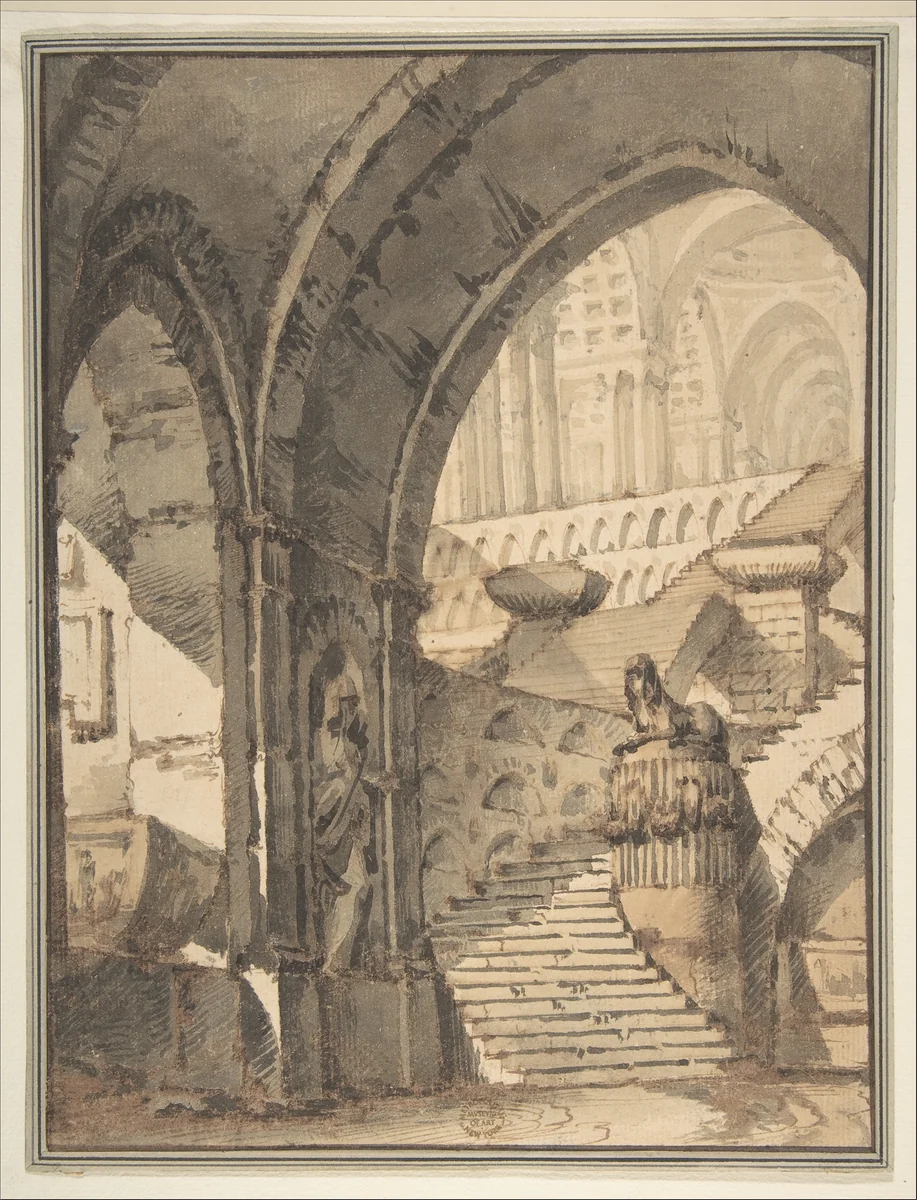 Framed Design for a Stage Set with Arches, Stairs, Human Figure and Sphinx Statue. by Mauro Berti, drawing, 1772-1842