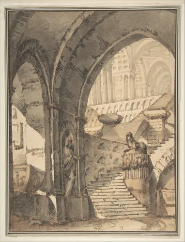 Framed Design for a Stage Set with Arches, Stairs, Human Figure and Sphinx Statue. by Mauro Berti, drawing, 1772-1842