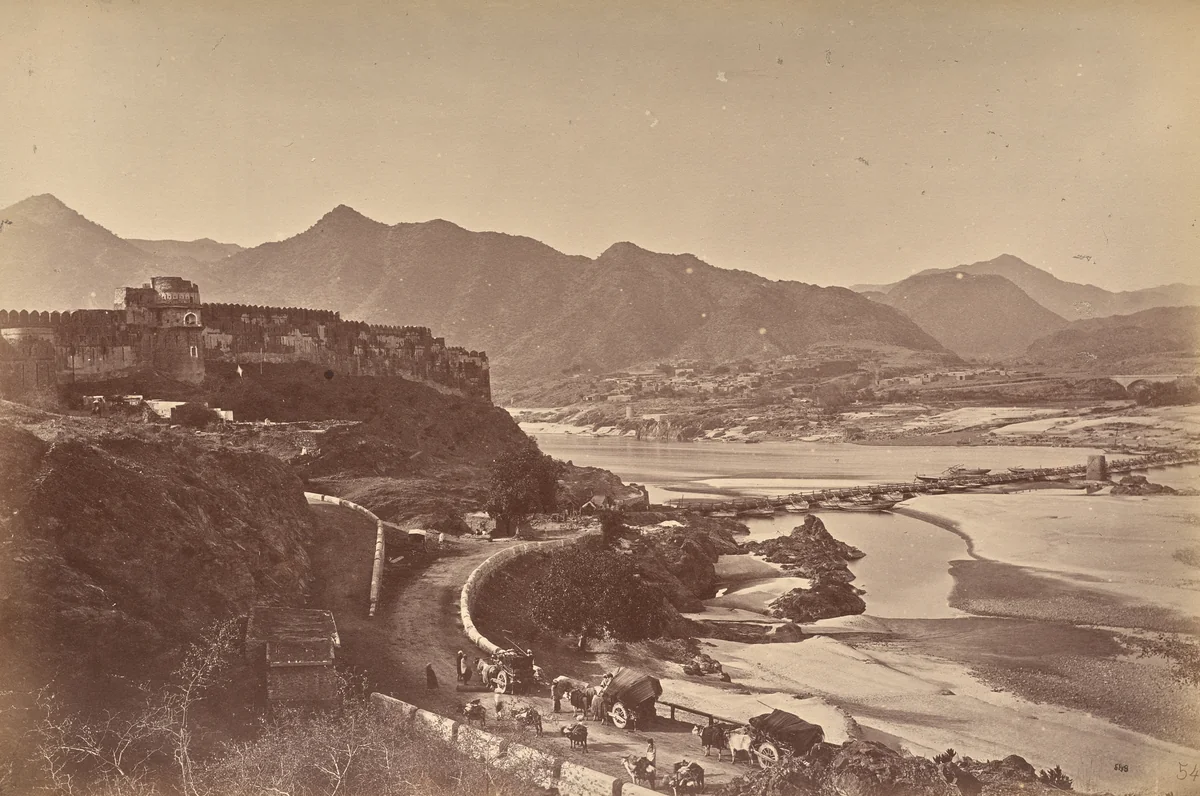 Fort Attock with Bridge of Boats and Khairabad by John Burke, photograph, 1878-1880