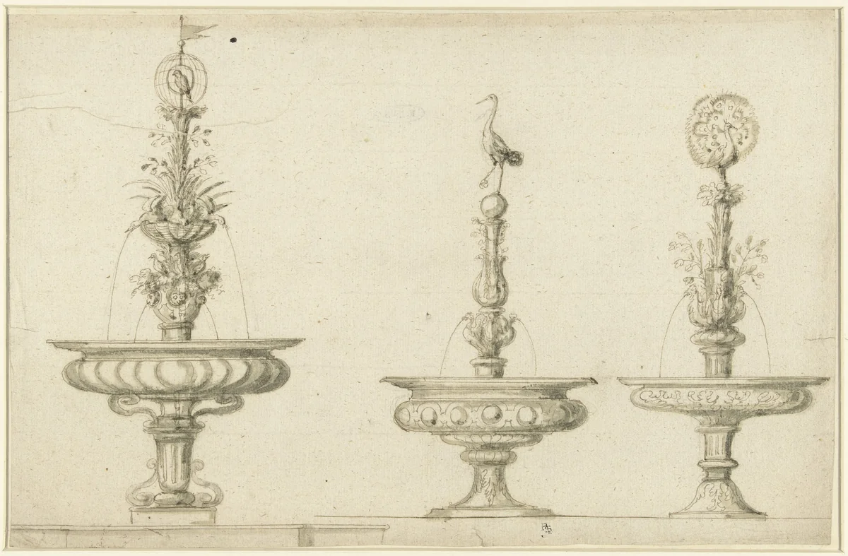 Ontwerpen voor drie fonteinen met vogels by anonymous, drawing, 1550