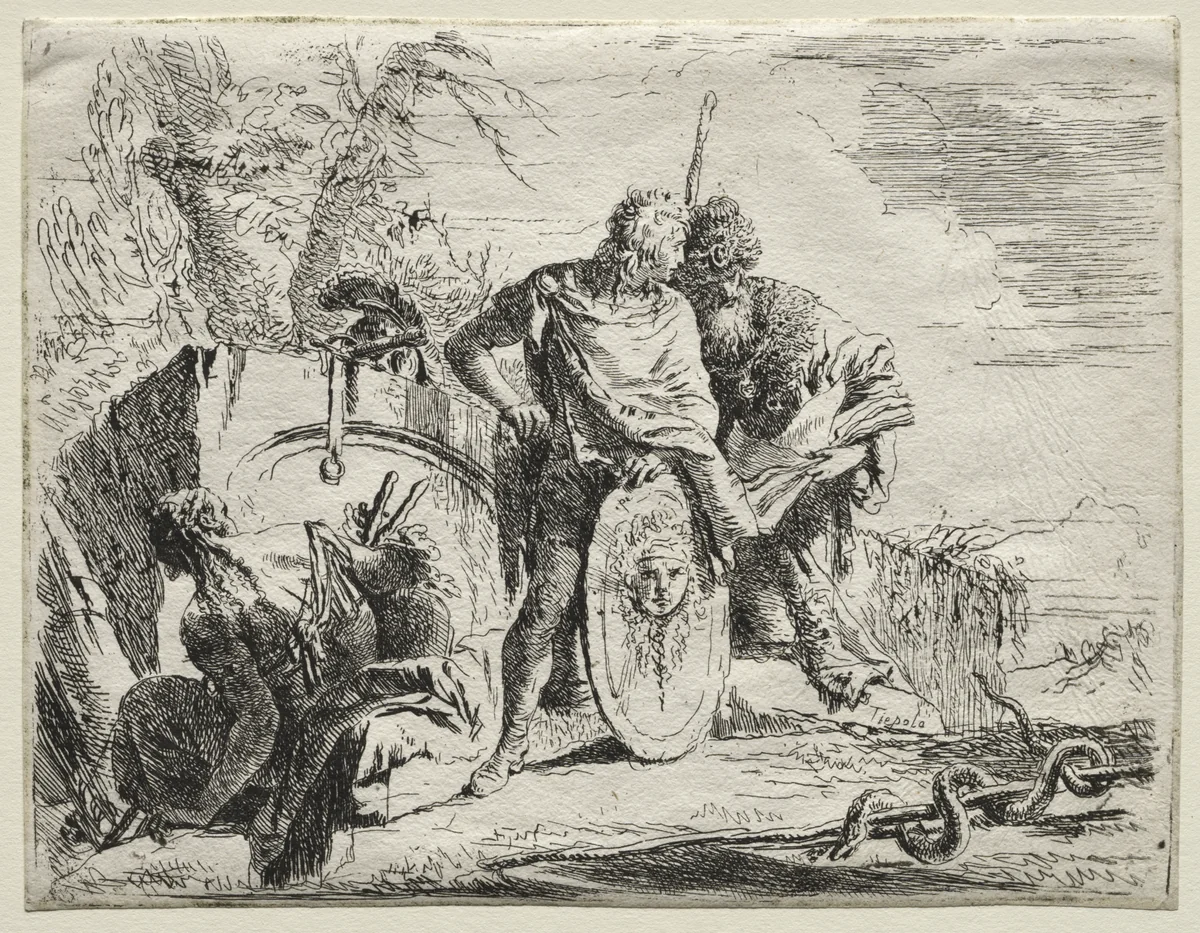 Various Caprices: The Astrologen and the Young Soldier by Giovanni Battista Tiepolo, print, 1730-1755