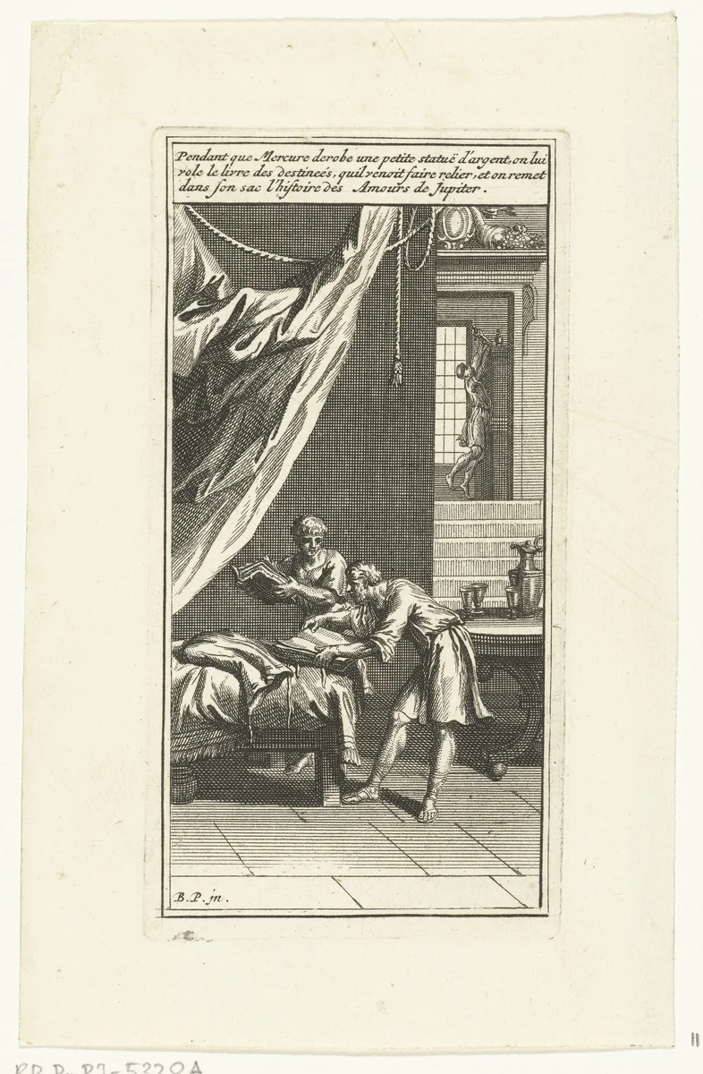 Twee mannen bladeren in boeken by Andries van Buysen, print, 1700-1750