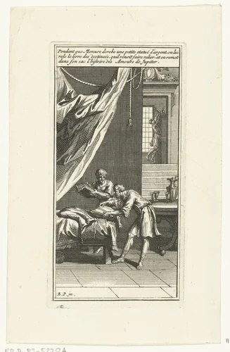 Twee mannen bladeren in boeken by Andries van Buysen, print, 1700-1750