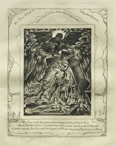 The Book of Job: Pl. 3, Thy Sons and thy Daughters were eating and drinking Wine in their / eldest Brothers house by William Blake, print, 1825