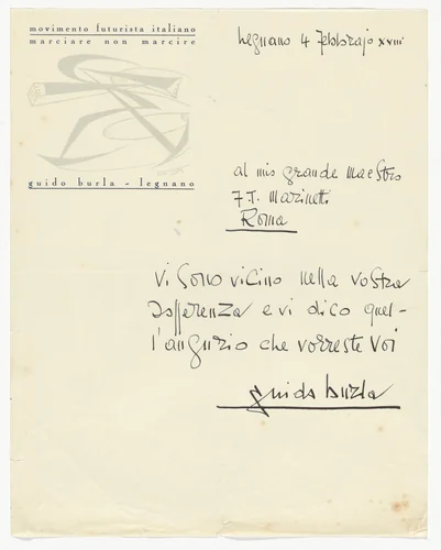 Movimento Futurista Italiano letterhead (Letter to Marinetti from Guido Burla) by Unidentified Designer, design, 1918