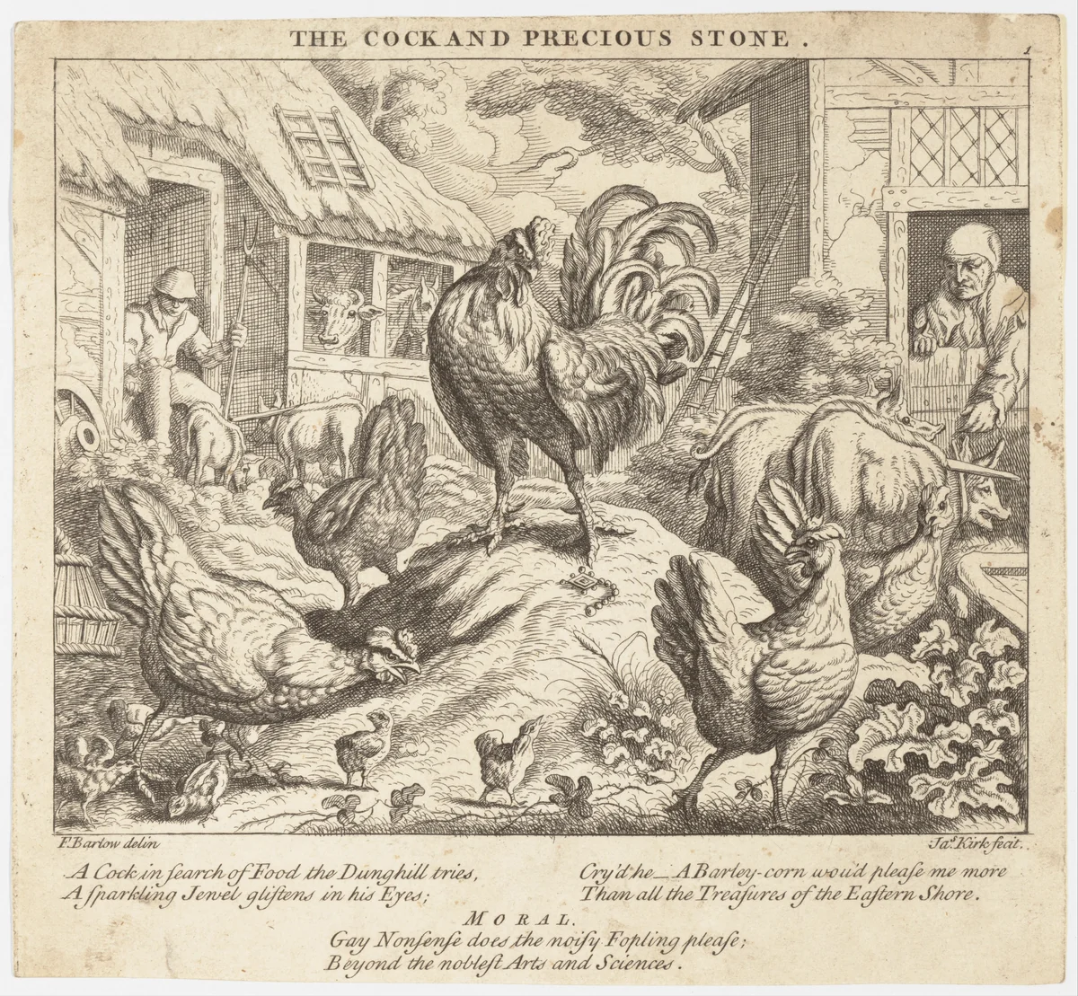 The Cock and the Precious Stone, from Aesop's Fables by Francis Barlow, print, 1755-1765