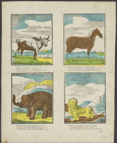 Os, paard, olifant en leeuw by Hendrik Numan, print, 1833-1856