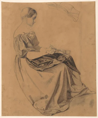 Zittend meisje met een brief; de brief bovenaan herhaald by Benjamin Vautier, drawing, 1856
