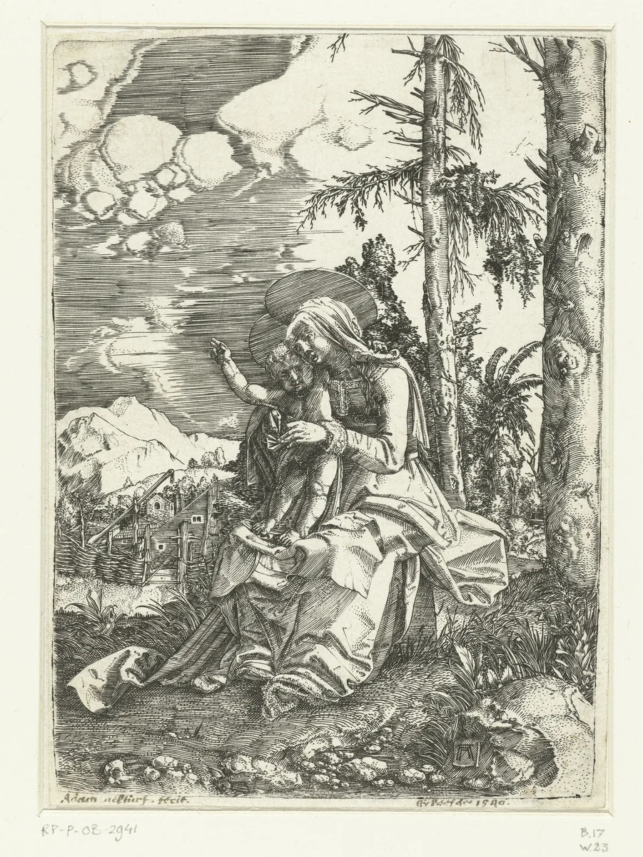 Maria met kind in een landschap by Unknown, print, 1506-1538