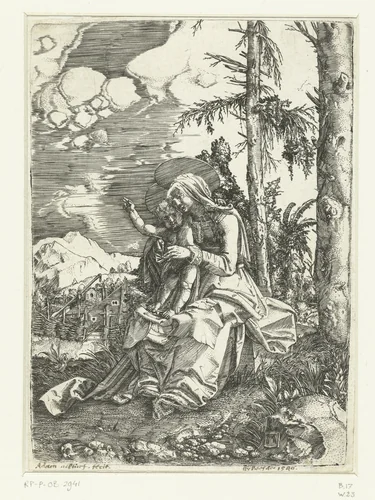 Maria met kind in een landschap by Unknown, print, 1506-1538