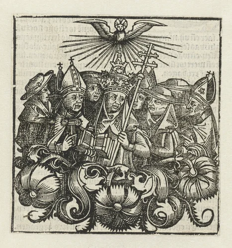 Paus omringd door bisschoppen en andere geestelijken by anonymous, print, 1480-1517