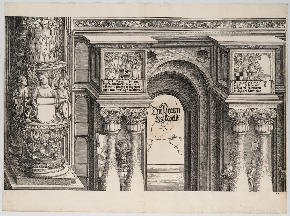 The Arch in the Entryway of the Right Portal (Die Porten des Adels); and the Outer Right Column of the Central Portal, from the Arch of Honor, proof, dated 1515, printed 1517-18 by Albrecht Dürer, print, 1515