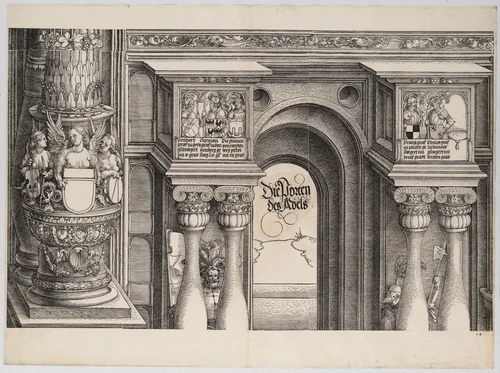 The Arch in the Entryway of the Right Portal (Die Porten des Adels); and the Outer Right Column of the Central Portal, from the Arch of Honor, proof, dated 1515, printed 1517-18 by Albrecht Dürer, print, 1515