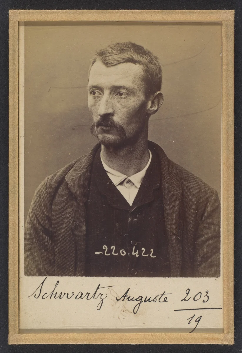 Schwartz. Auguste. 31 ans, né à Paris Xlle le 23/1/63. Maroquinier. Anarchiste. 2/7/94. by Alphonse Bertillon, photograph, 1894