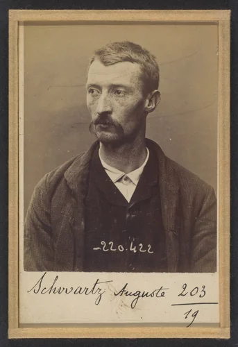 Schwartz. Auguste. 31 ans, né à Paris Xlle le 23/1/63. Maroquinier. Anarchiste. 2/7/94. by Alphonse Bertillon, photograph, 1894