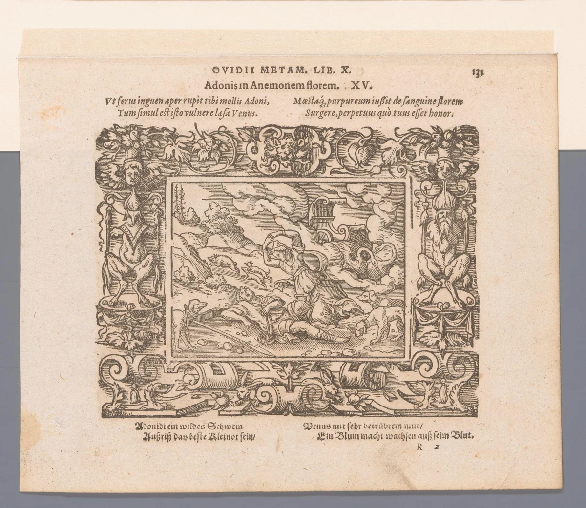 Venus treurt om Adonis by Virgilius Solis, print, 1569