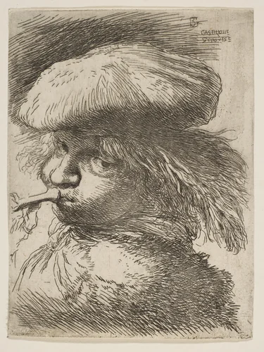 Young man with a trumpet facing left, from "Small Heads in Oriental Headdress" by Giovanni Benedetto Castiglione, print, 1640-1650