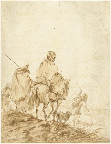 Schamel geklede reizigers by Francesco Giuseppe Casanova, drawing, 1737-1802