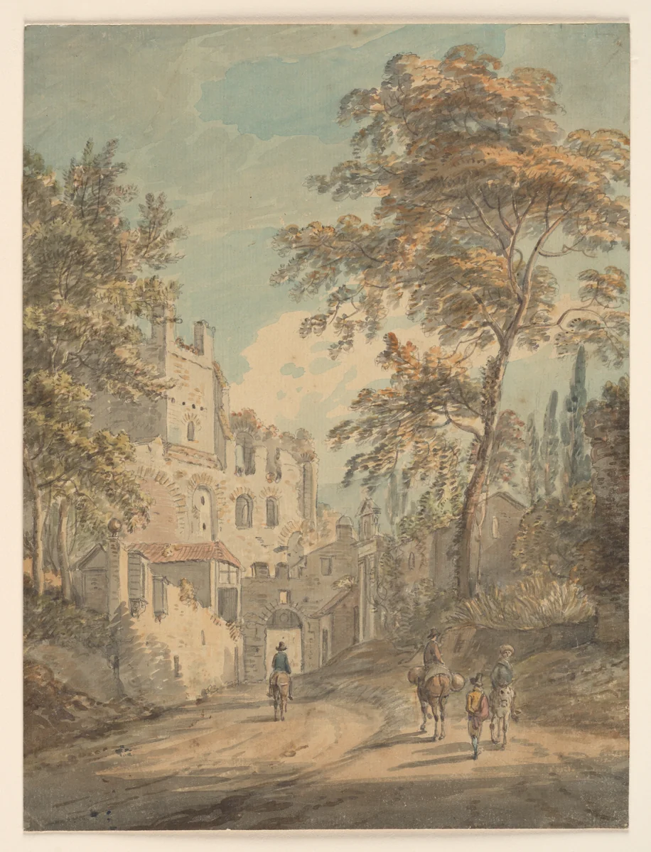 Travelers Entering a Town by Paul Sandby, drawing, 1751-1809