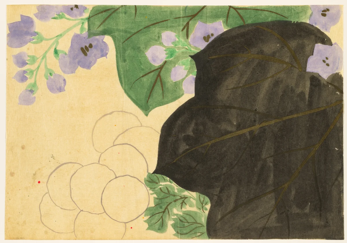 Flowers of a Hundred Worlds (Momoyogusa): Chrysanthemum and Paulownia (Kikukiri) by Kamisaka Sekka, drawing, 1909