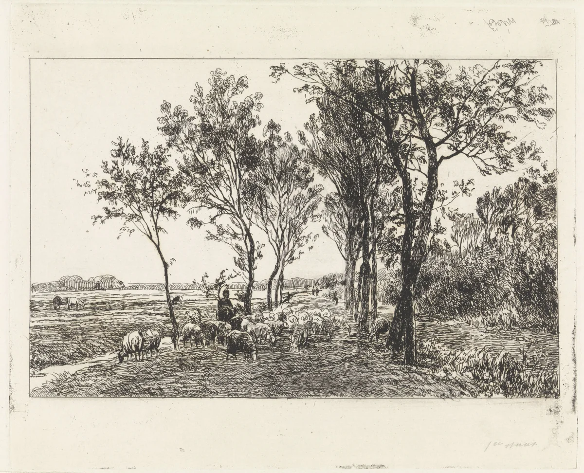 Landschap met herder en kudde schapen by Julius Jacobus van de Sande Bakhuyzen, print, 1845-1892