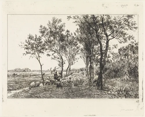 Landschap met herder en kudde schapen by Julius Jacobus van de Sande Bakhuyzen, print, 1845-1892