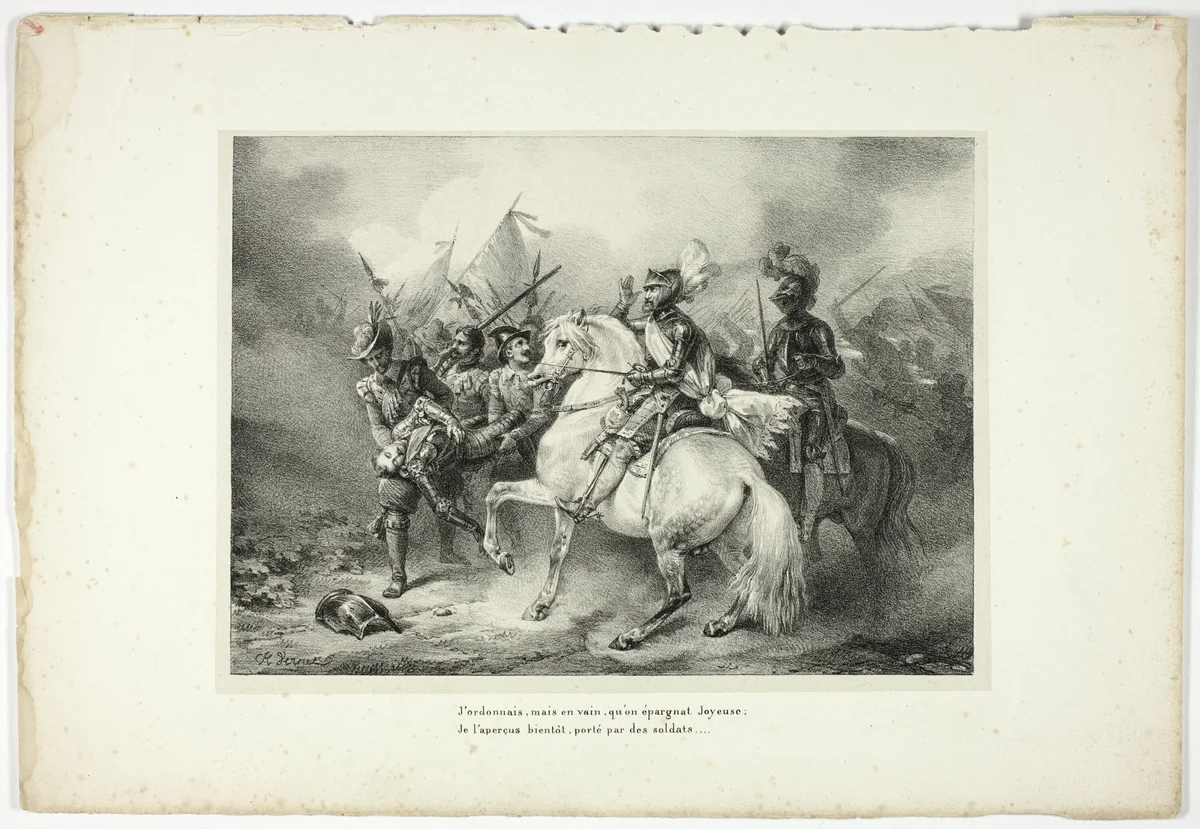 J'ordonnais, mais en vain, qu'on épargnat Joyeuse... by Horace Vernet, print, 1825
