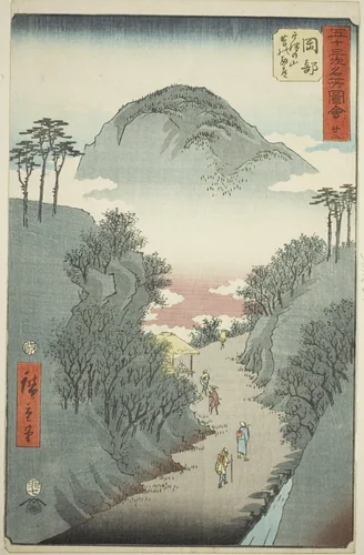 Okabe: Narrow Ivy-covered Road at Mount Utsu (Okabe, Utsu no yama tsuta no hosomichi), no. 22 from the series "Famous Sights of the Fifty-three Stations (Gojusan tsugi meisho zue)," also known as the Vertical Tokaido by Utagawa Hiroshige (歌川広重), print, 1855