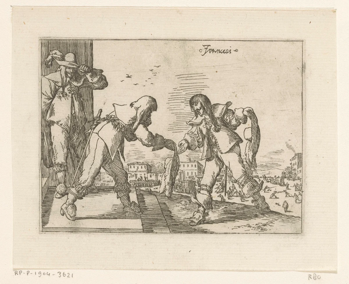 Drie Fransen, een plein in de achtergrond by Johann Wilhelm Baur, print, 1636