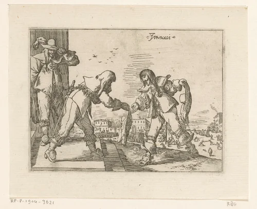 Drie Fransen, een plein in de achtergrond by Johann Wilhelm Baur, print, 1636