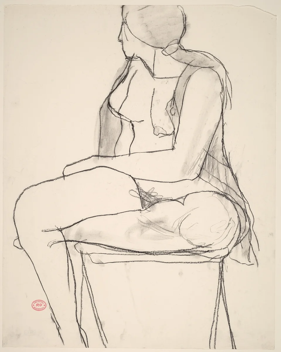 Untitled [seated female nude in an open shirt turning away] by Richard Diebenkorn, drawing, 1955-1967