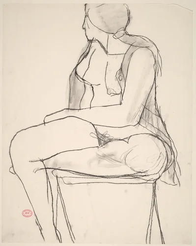 Untitled [seated female nude in an open shirt turning away] by Richard Diebenkorn, drawing, 1955-1967