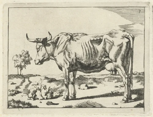 Staande koe, met boom by Marcus de Bye, print, 1657-1677