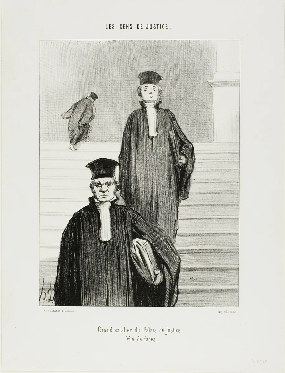 Main Staircase of the Palace of Justice. Front view, plate 36 from Les Gens De Justice by Honoré-Victorin Daumier, print, 1848