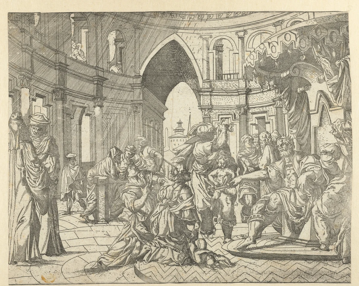 Het oordeel van Salomo by Monogrammist SAF, print, 1530-1540