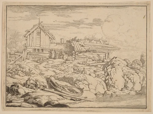 Boat at a River Bank with Three Goats by Allart van Everdingen, print, 1645-1656