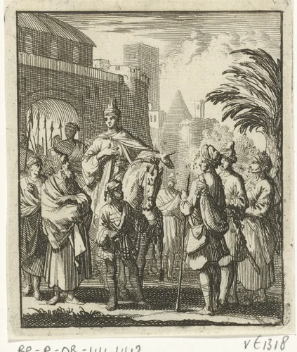 Vreemdeling, tot koning benoemd, wordt te paard naar de stadspoort geleid by Jan Luyken, print, 1693