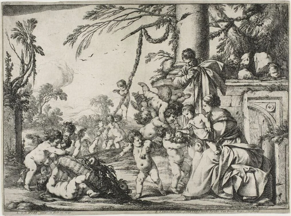 The Holy Family with Putti by Laurent de La Hyre, print, 1640