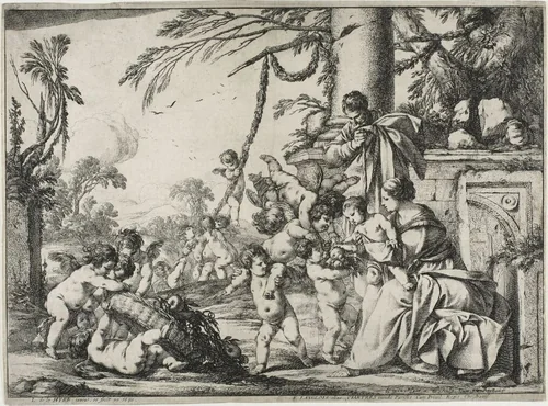 The Holy Family with Putti by Laurent de La Hyre, print, 1640
