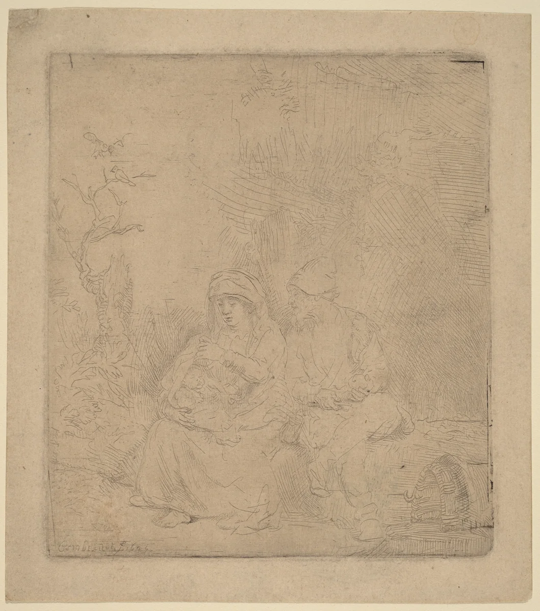The Rest on the Flight: Lightly Etched by Rembrandt van Rijn, print, 1645