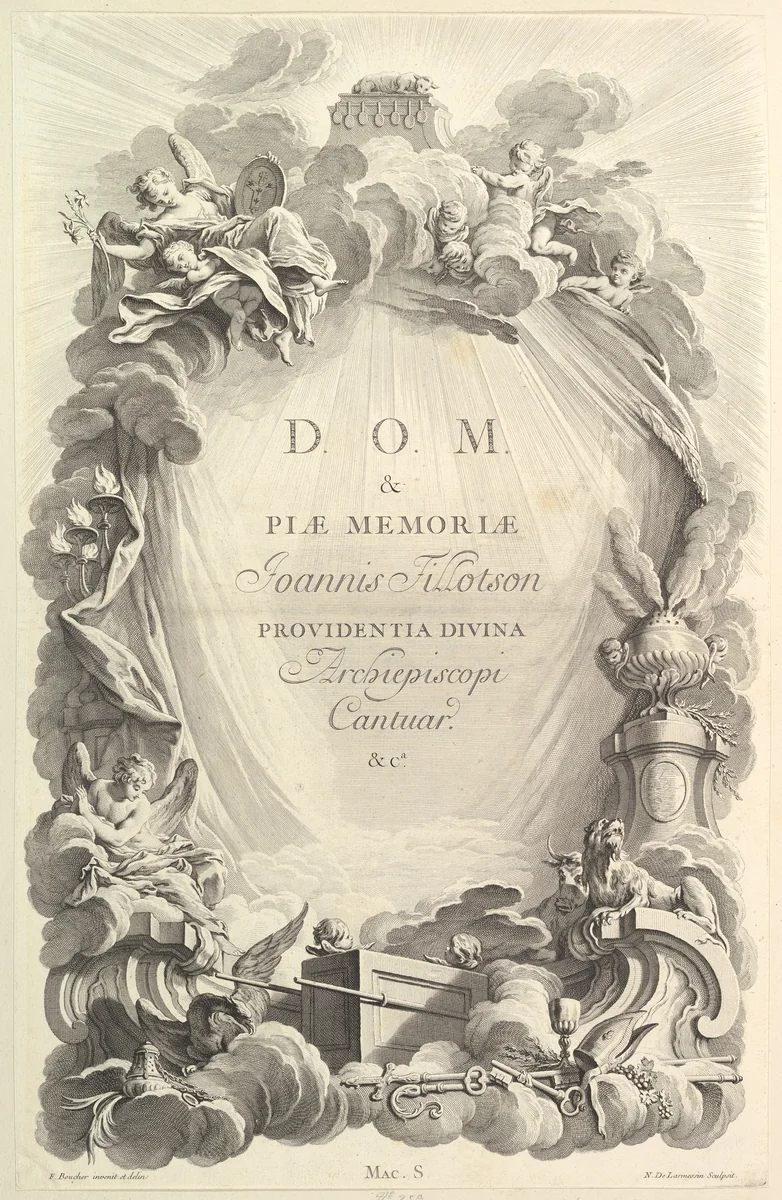 Frontispice pour le "Tombeau de John Tillotson, archevêque de Cantorbéry" (Frontispiece for the "Tomb of John Tillotson, Archbishop fo Canterbery), from Tombeaux des Princes, des Grands Capitaines et autres Hommes illustres (Tombs of Princes, Great Captains, and other Illustrious Men) by Nicolas de Larmessin, print, 1731-1741
