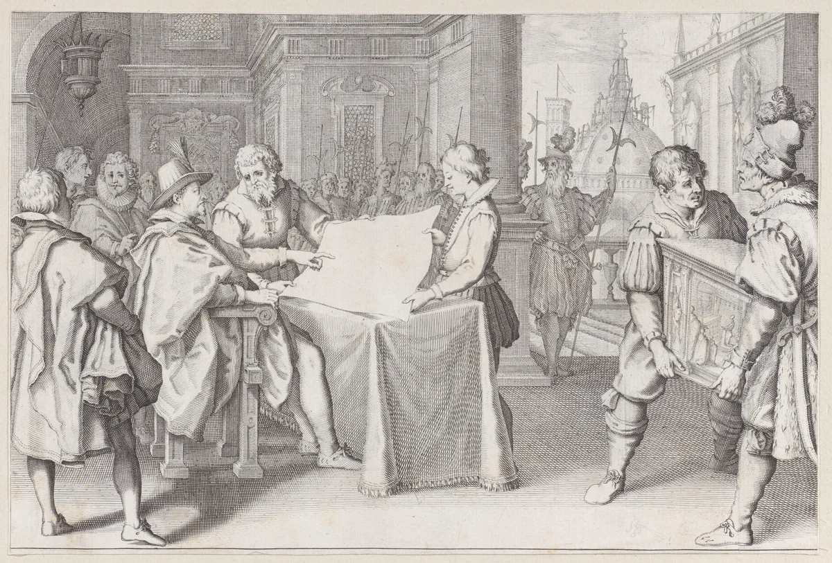 Restauration du Dome de S. Maria del Fiore a Florence (The Restoration of the Dome of S. Maria del Fiore in Florence), from "La Vie de Ferdinand Ier de Médicis série appelée aussi Les Batailles des Médicis" (The Life of Ferdinand I de'Medici also called The Medici Battles) by Jacques Callot, print, 1614-1620