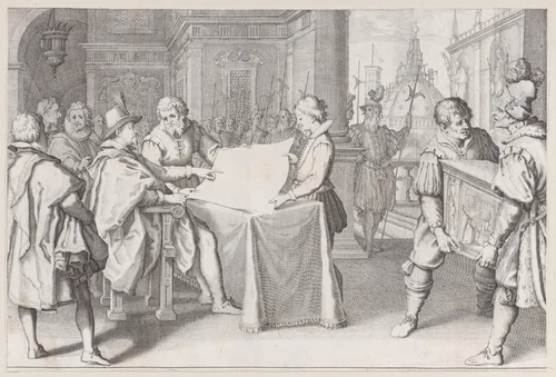 Restauration du Dome de S. Maria del Fiore a Florence (The Restoration of the Dome of S. Maria del Fiore in Florence), from "La Vie de Ferdinand Ier de Médicis série appelée aussi Les Batailles des Médicis" (The Life of Ferdinand I de'Medici also called The Medici Battles) by Jacques Callot, print, 1614-1620