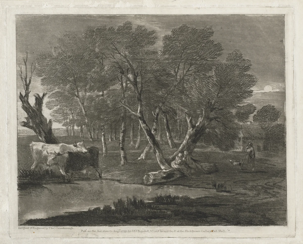 Wooded Landscape with Cows beside a Pool, Figures and Cottage by Thomas Gainsborough, print, 1797