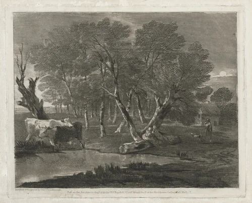 Wooded Landscape with Cows beside a Pool, Figures and Cottage by Thomas Gainsborough, print, 1797