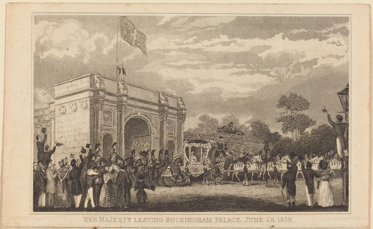 Her Majesty Leaving Buckingham Palace, June 28, 1838 [left half] by British 19th Century, print, 1800-1899