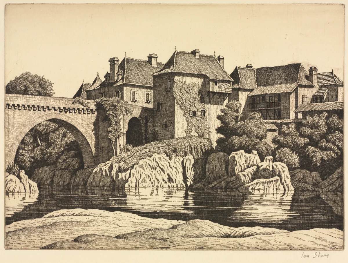 Houses by the Bridge, Orthez by Ian Strang, print, 1926