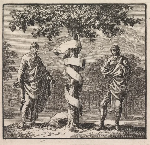 Oude en jonge man bij een boom met een lint by Jan Luyken, print, 1710
